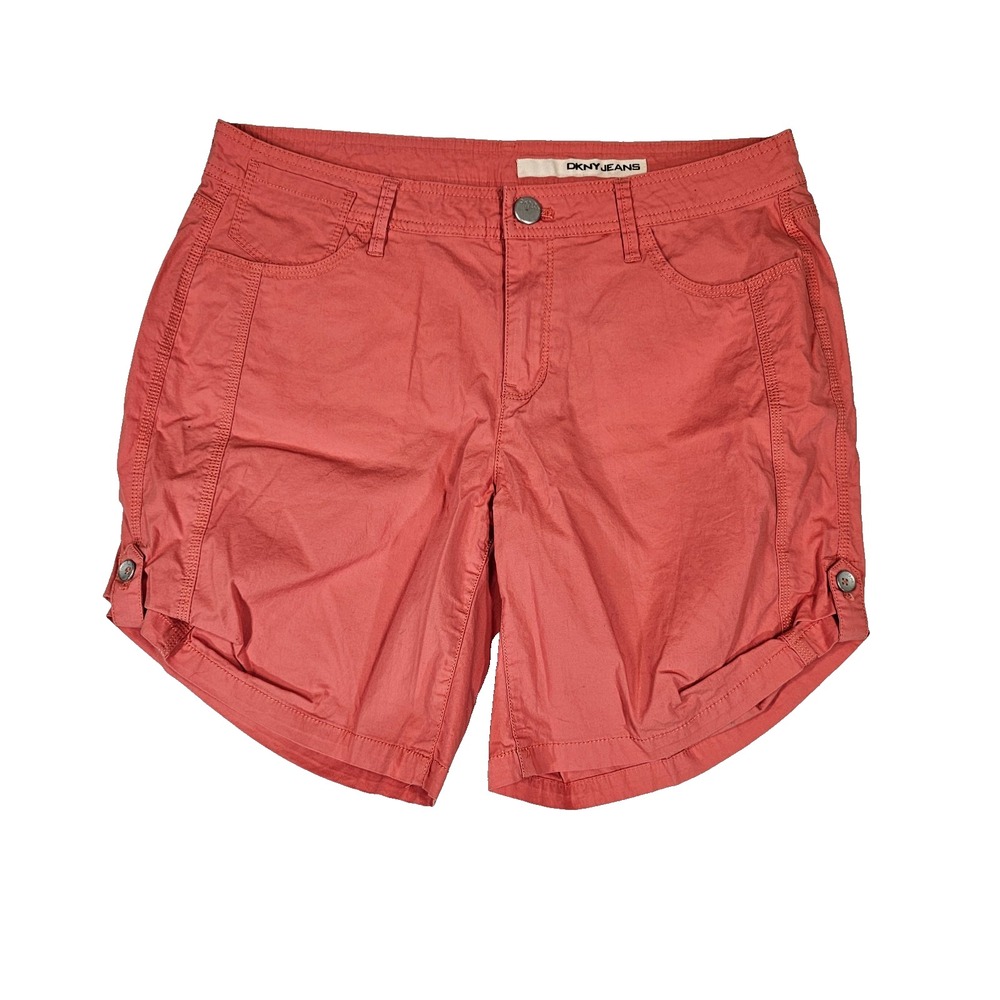 DKNY Jeans Roll Tab Shorts Womens Size 12 Cotton Blend Coral Pockets Flat Front